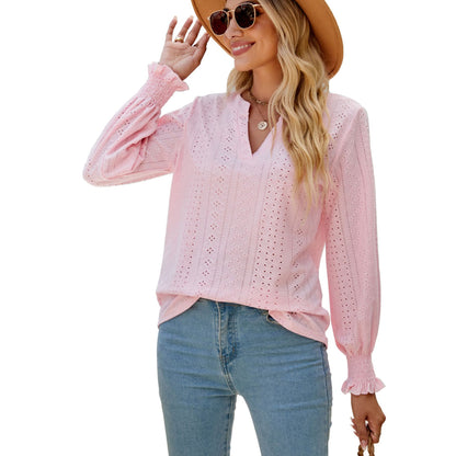 Women's Eyelet V-Neck Long Sleeve Ruffle Cuff Loose Blouse