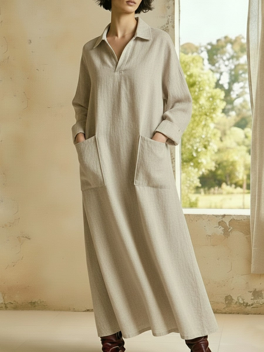 Women's Casual Long Sleeve Polo Maxi Dress with Pockets