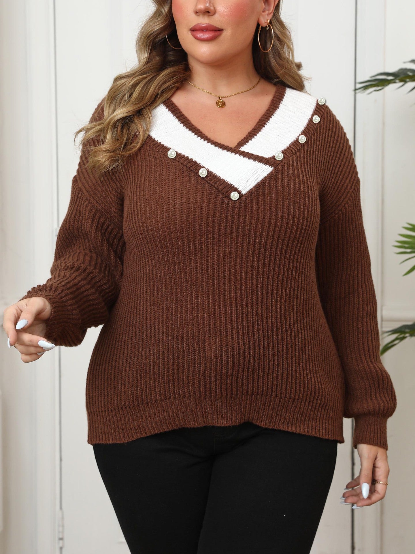 Plus Size V Neck Knit Sweater with Pearl Detail Color Block