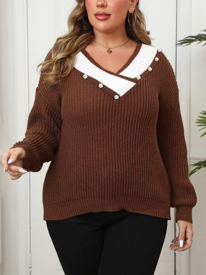 Plus Size V Neck Knit Sweater with Pearl Detail Color Block