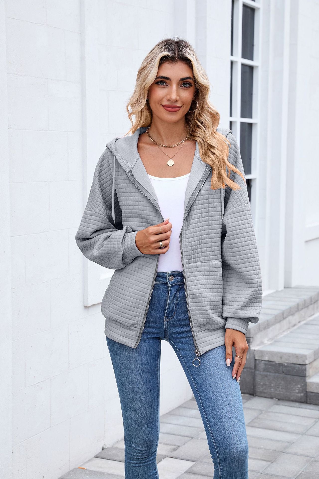 Quilted Zip Up Hooded Jacket Hoodie with Pockets