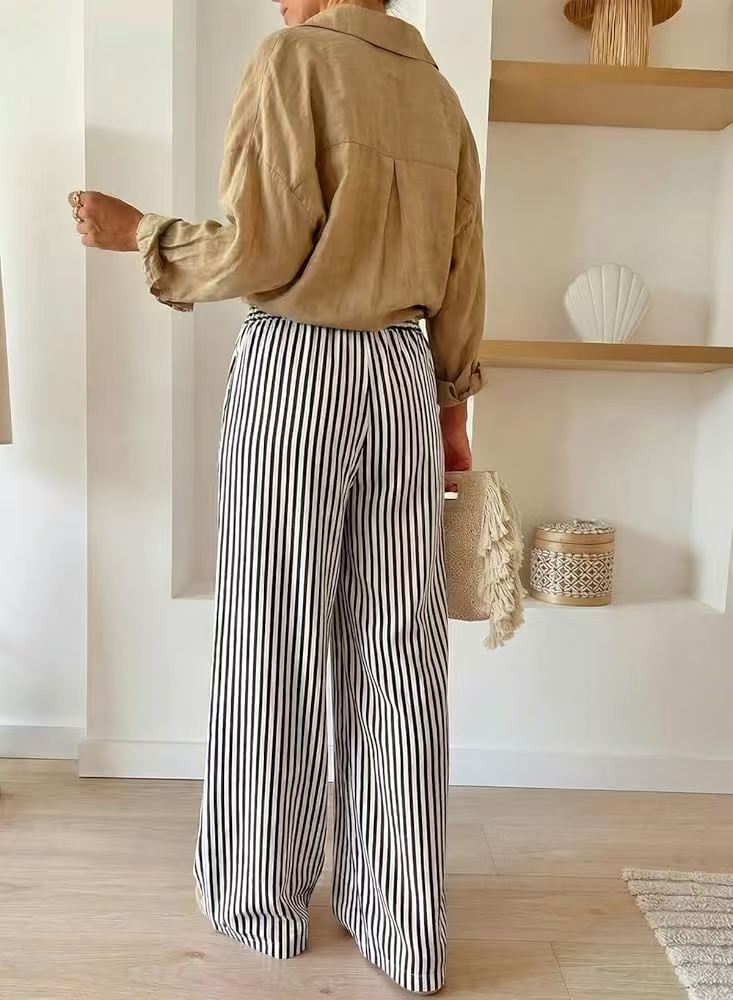 Striped Wide Leg Pants Drawstring Pocket Trousers