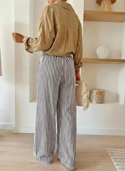 Striped Wide Leg Pants Drawstring Pocket Trousers