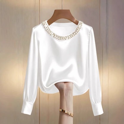 Women's Satin Pearl Neck Long Sleeve Blouse Top