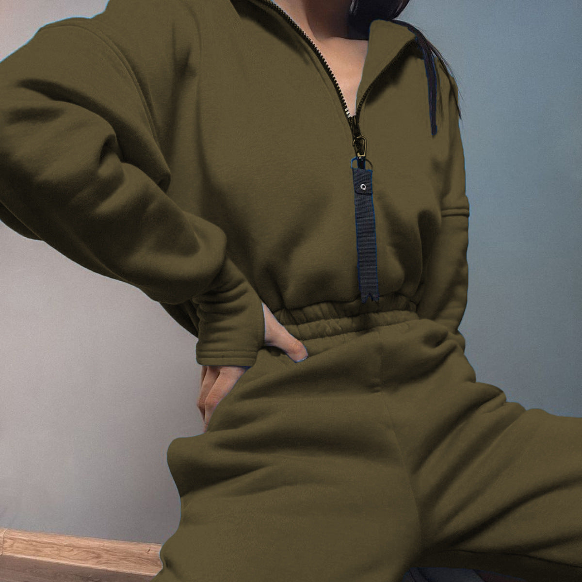 Women's Zip Up Hooded Fleece Jumpsuit Streetwear