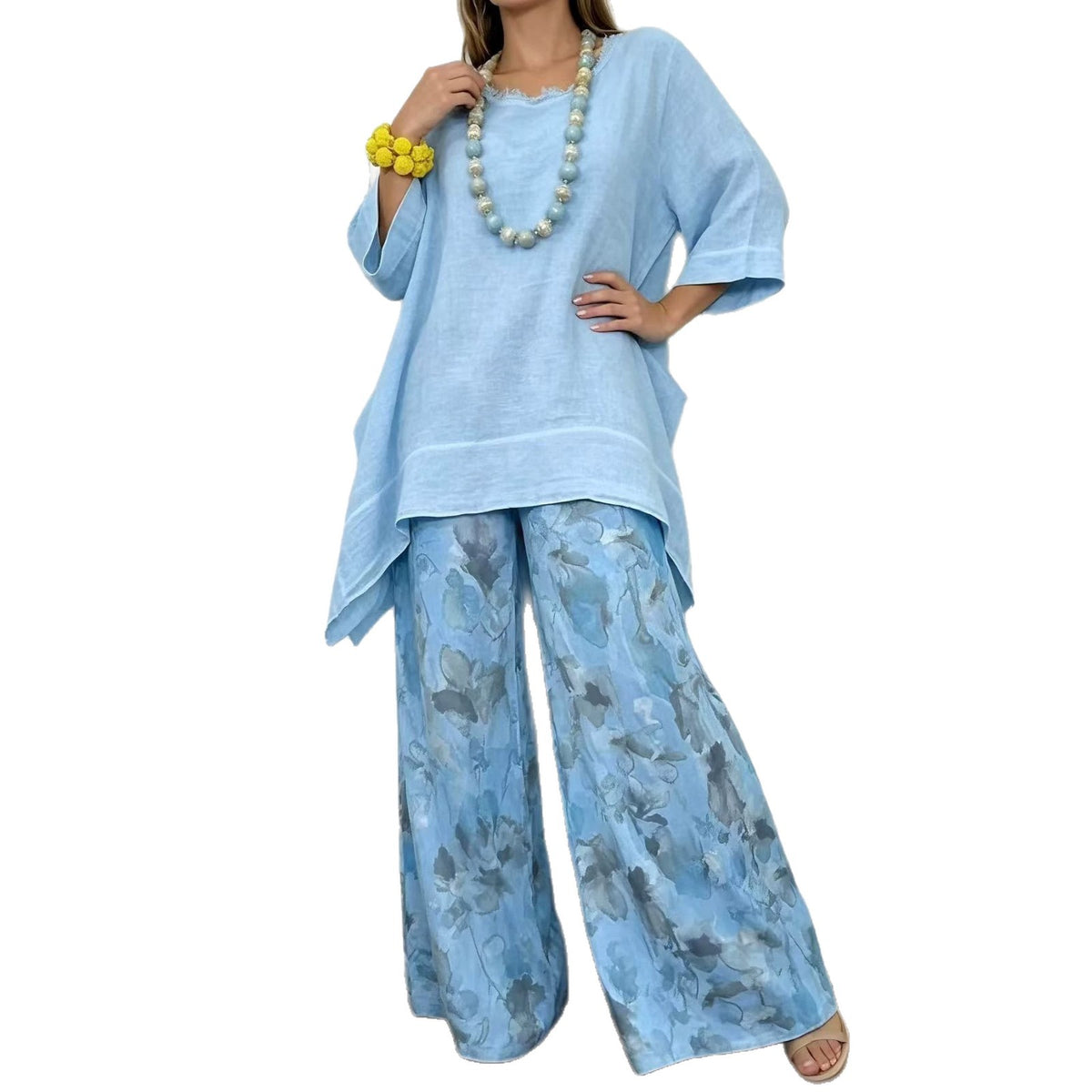 Women's Linen Set Asymmetric Top & Floral Wide Leg Pants