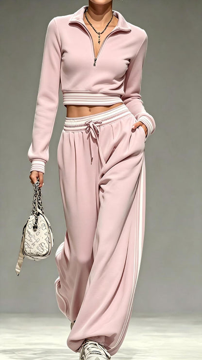 Womens 2 Piece Half Zip Crop Top Wide Leg Sweatpants Set