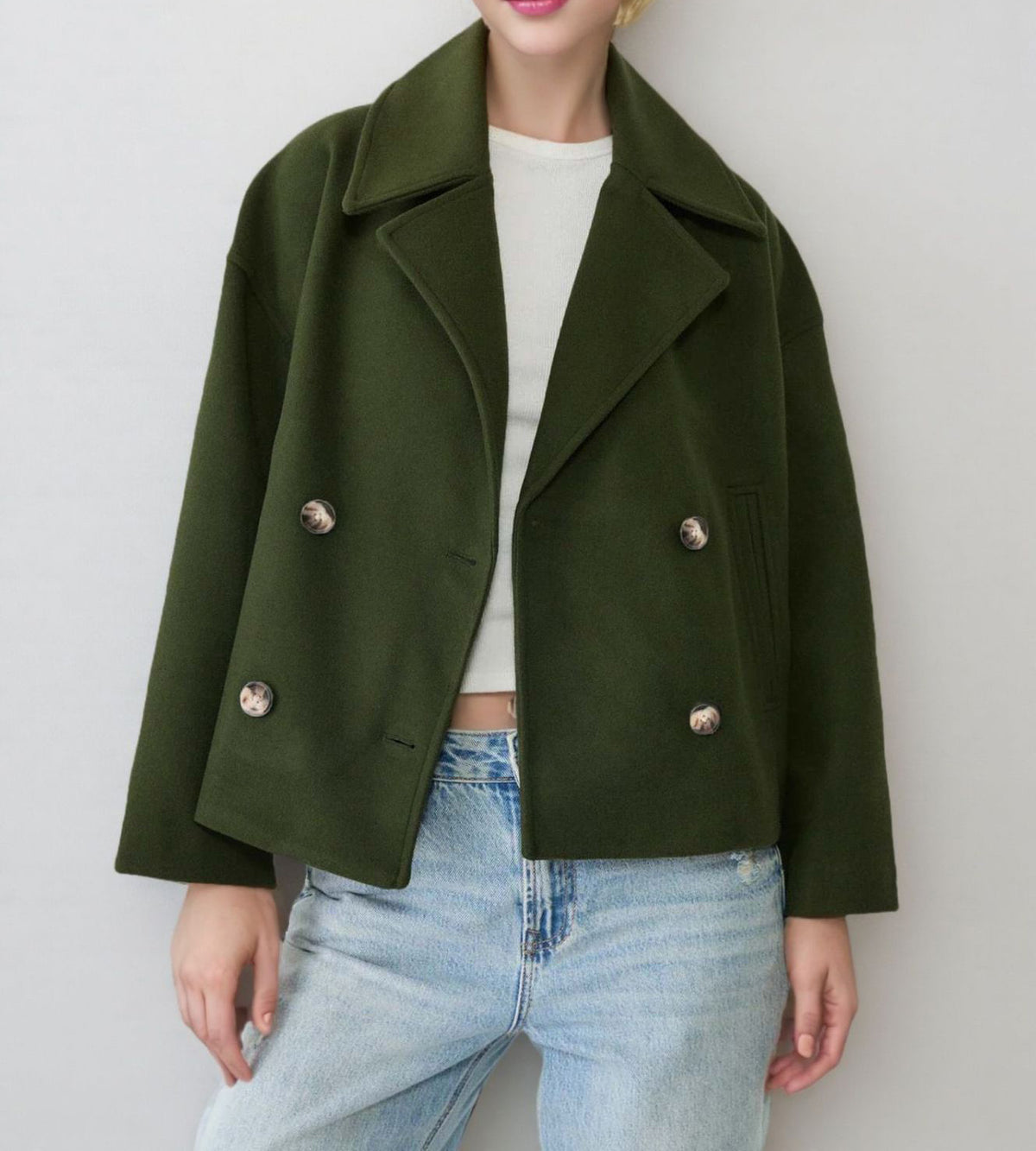 Women's Cropped Double Breasted Wool Coat Jacket