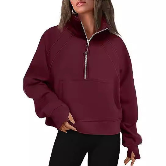 Oversized Half Zip Fleece Cropped Sweatshirt with Pocket