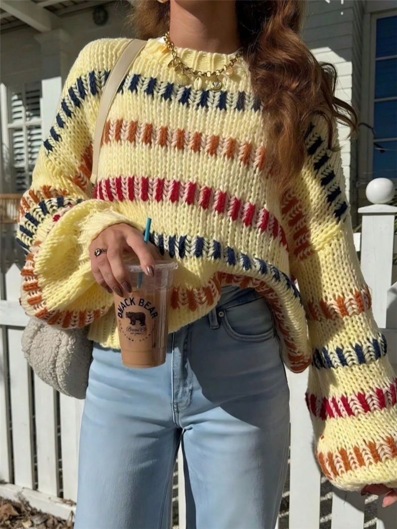 Oversized Chunky Knit Color Block Batwing Sweater
