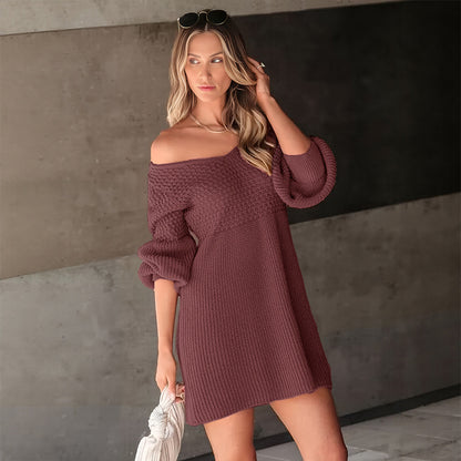 V Neck Knit Sweater Dress Puff Sleeve Fall Mini Dress