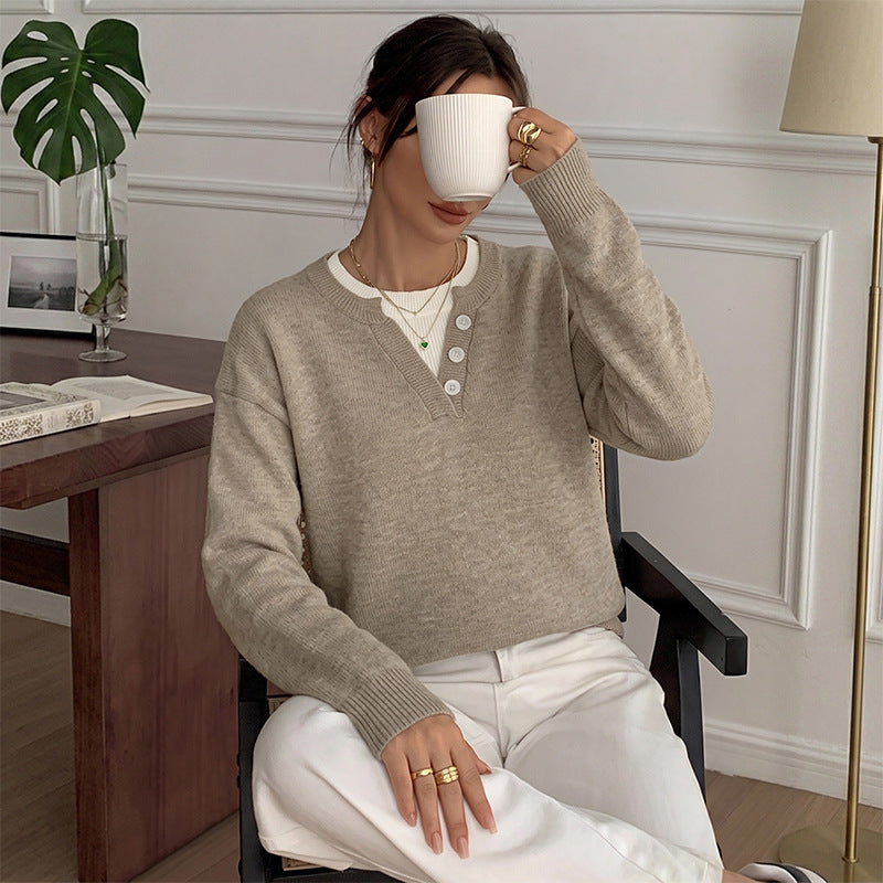 Solid Layered Knit Sweater Henley Neck Relaxed Fit