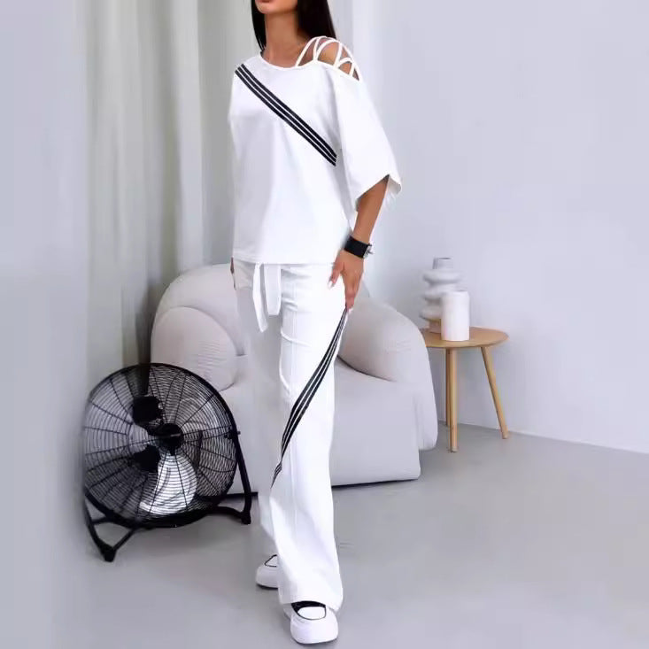 Women's Cut Out Shoulder Lounge Set Wide Leg Pants