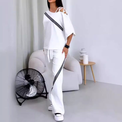 Women's Cut Out Shoulder Lounge Set Wide Leg Pants