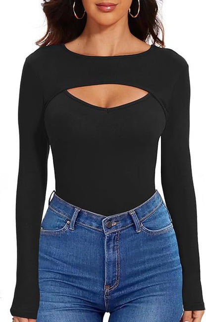 Sexy Cutout Ribbed Long Sleeve Fitted Top