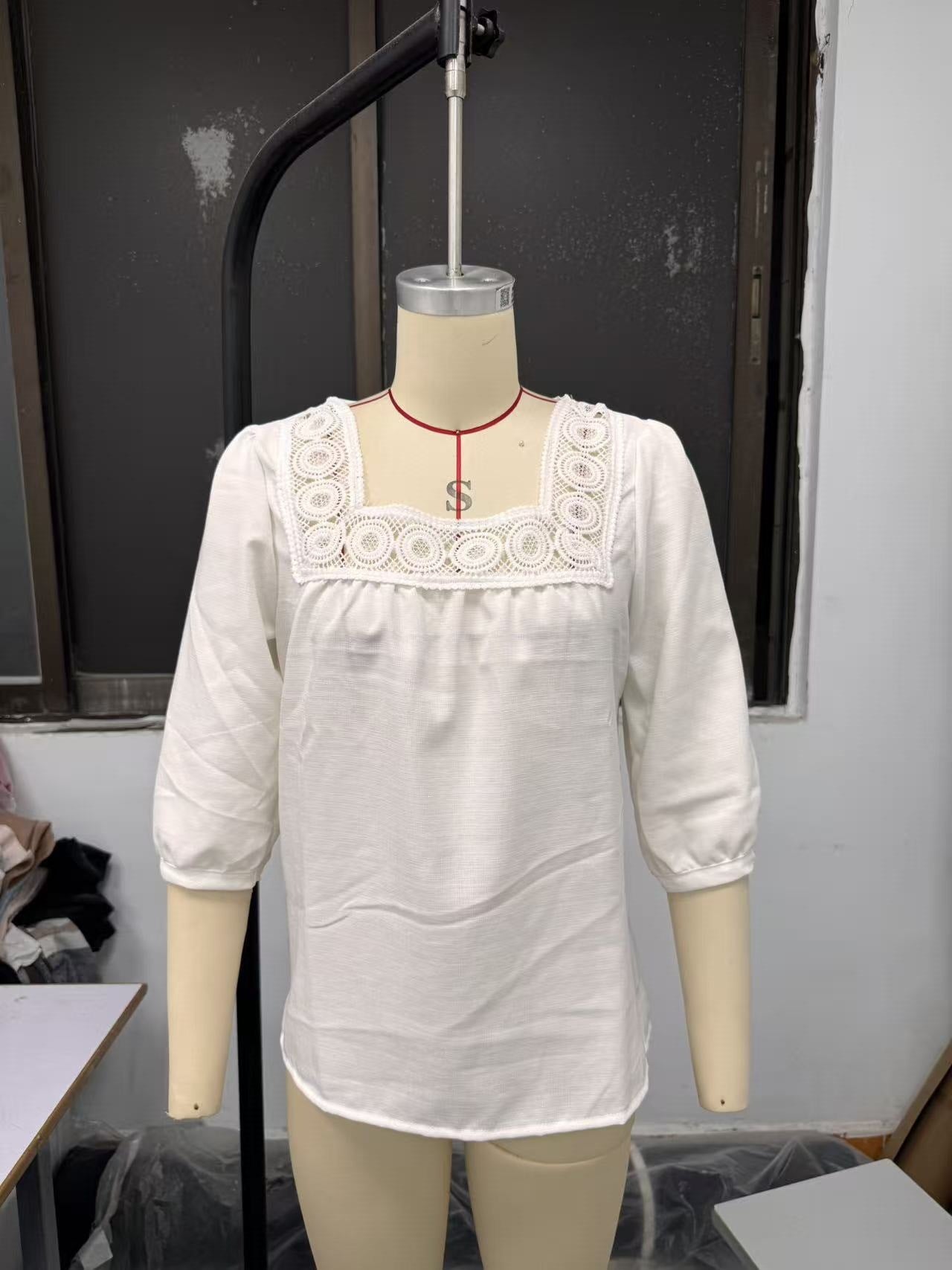 Women's Square Neck Eyelet Lace 3/4 Sleeve Summer Blouse
