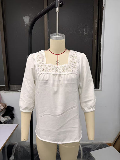 Women's Square Neck Eyelet Lace 3/4 Sleeve Summer Blouse