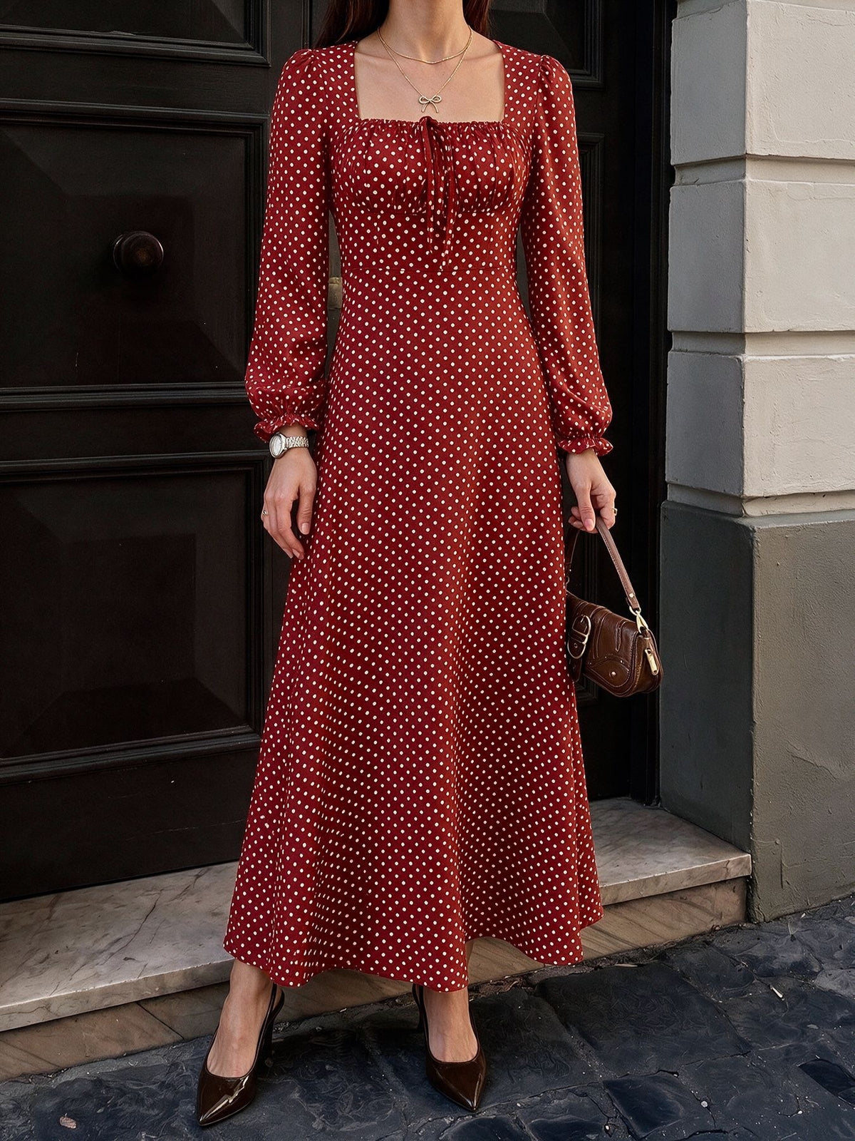 Red Polka Dot Square Neck Long Sleeve Maxi Dress