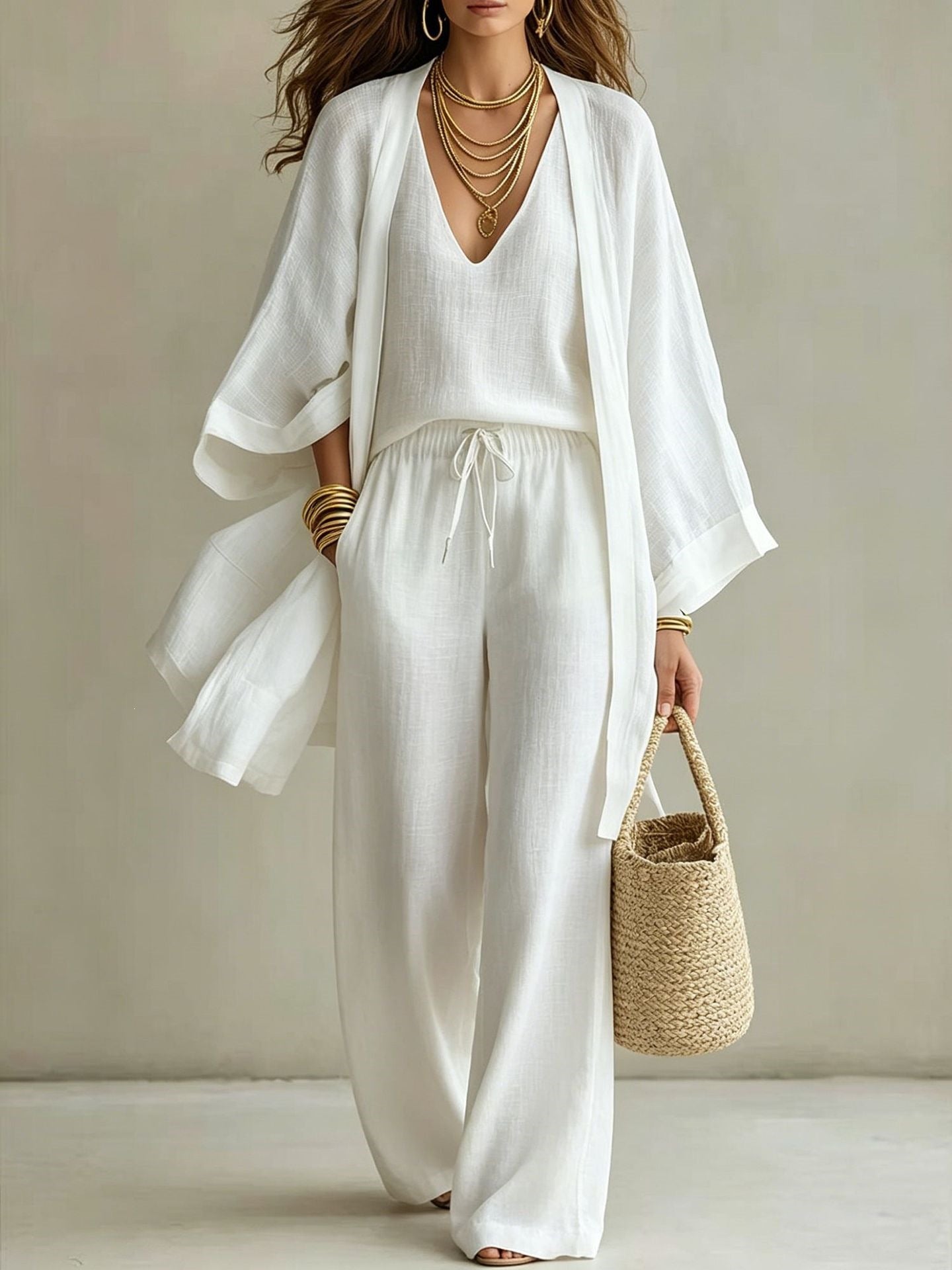 Women's 3 Piece Matching Set Wide Leg Pants Cardigan