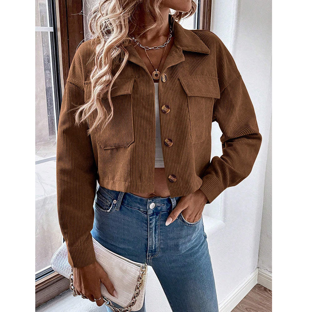 Women's Corduroy Cropped Jacket Button Front Long Sleeve