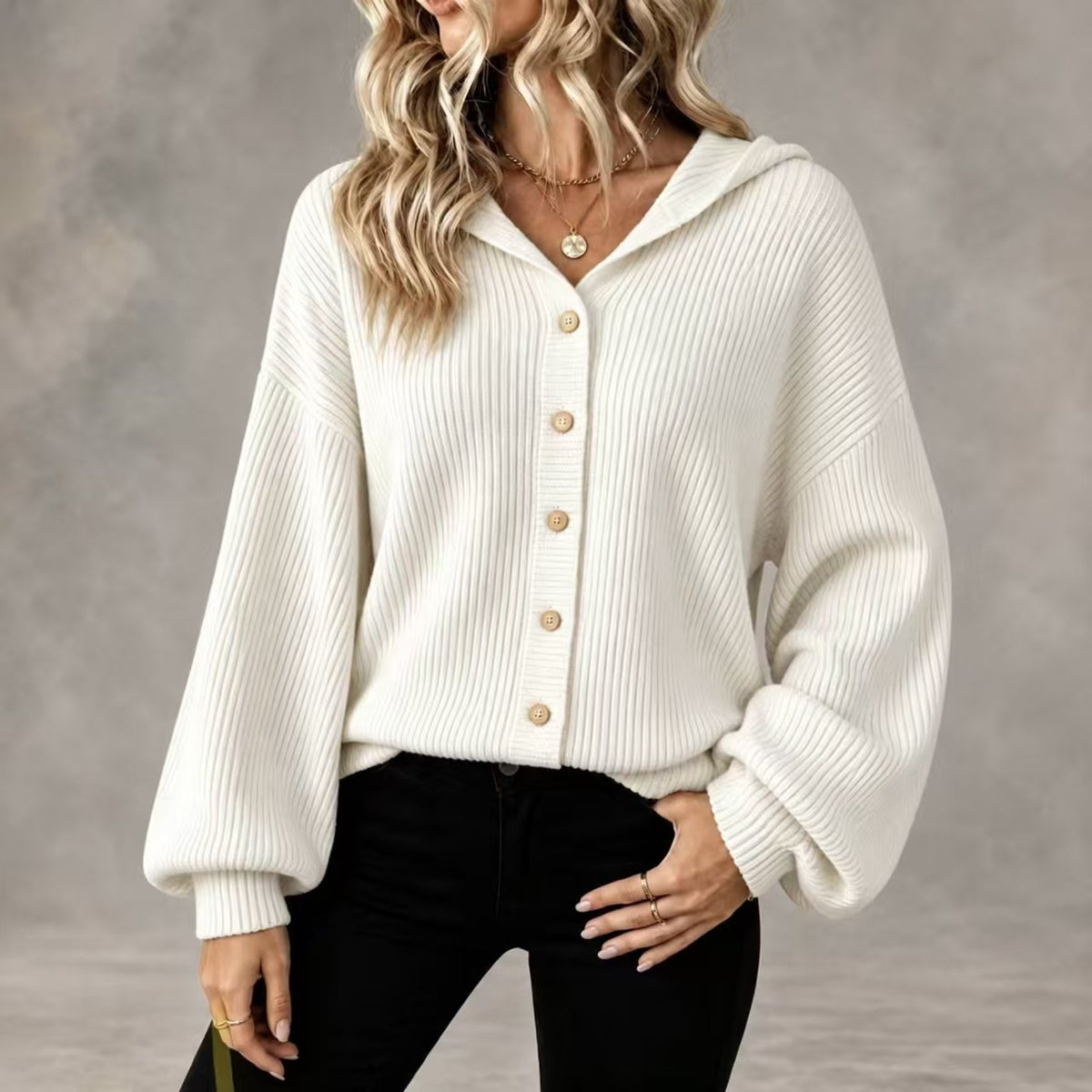 Womens Hooded Ribbed Cardigan Button Front Knit Sweater