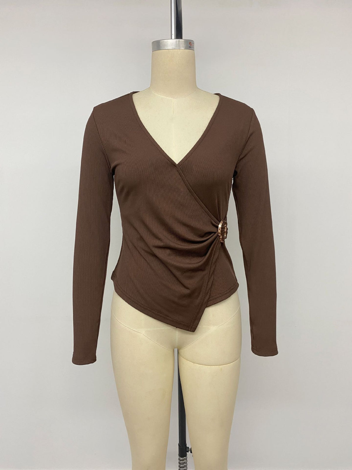 Women's V-Neck Ribbed Buckle Waist Long Sleeve Fitted Top