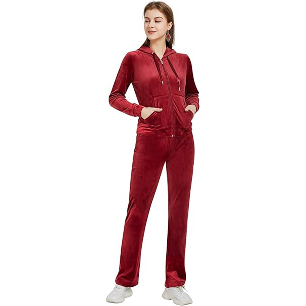 Women's Velvet Zip Hoodie Wide Leg Pants Set