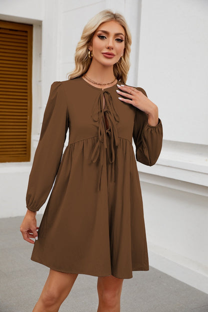 Bow Tie Long Sleeve Babydoll Dress with A-Line Silhouette