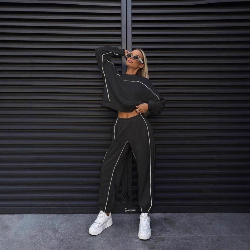 Women's Contrast Piping Sweatshirt Sweatpants Set