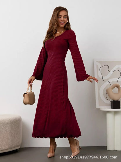 Long Sleeve U Neck Ribbed Knit Tie Back Maxi Dress