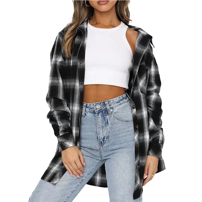Plaid Flannel Shirt Button Front Oversized Fit