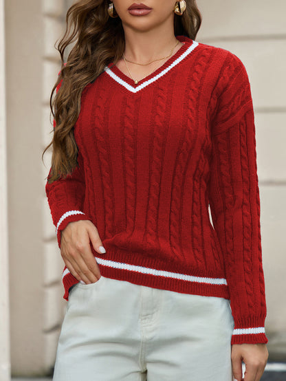 Women's V-Neck Cable Knit Sweater Contrast Trim Pullover