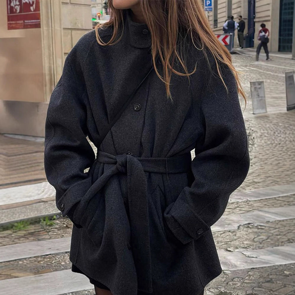 Women's Belted Stand Collar Coat Mid-Length Black