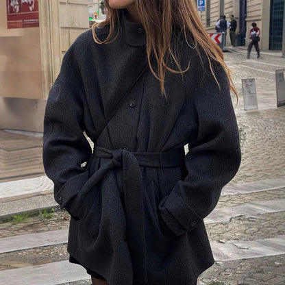 Women's Belted Stand Collar Coat Mid-Length Black