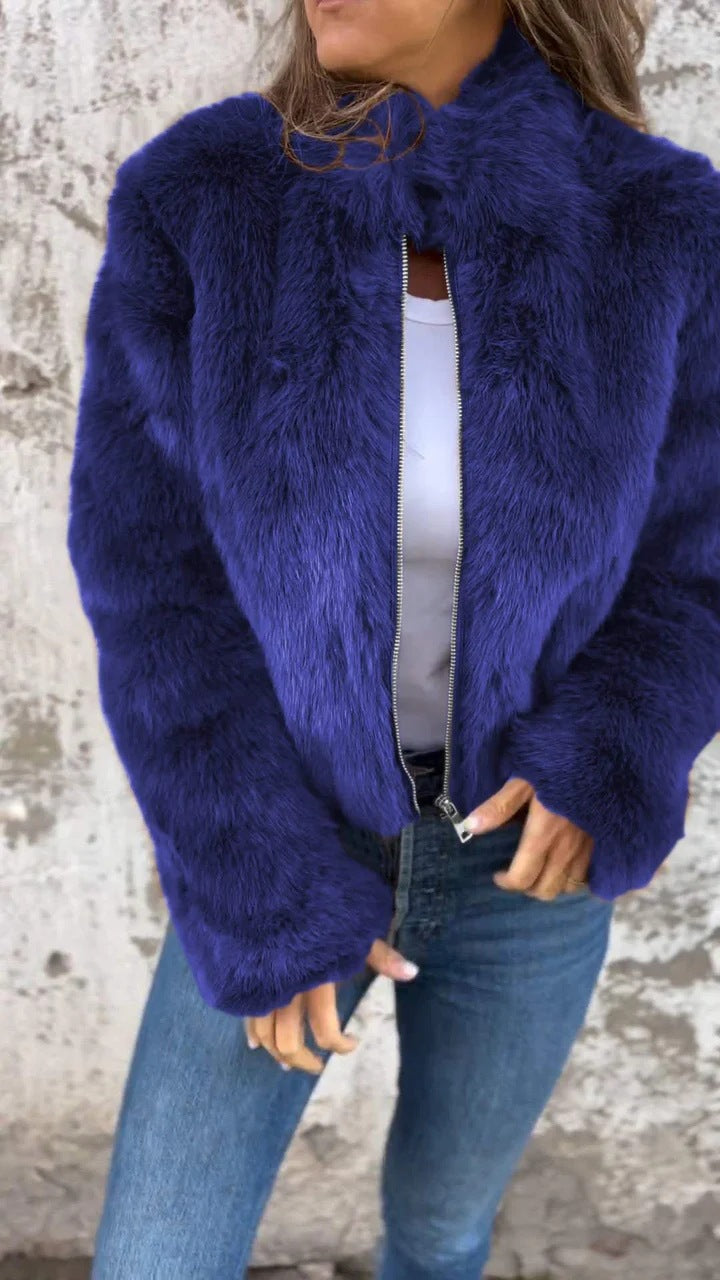 Women's Faux Fur Zip Up Jacket High Neck Streetwear