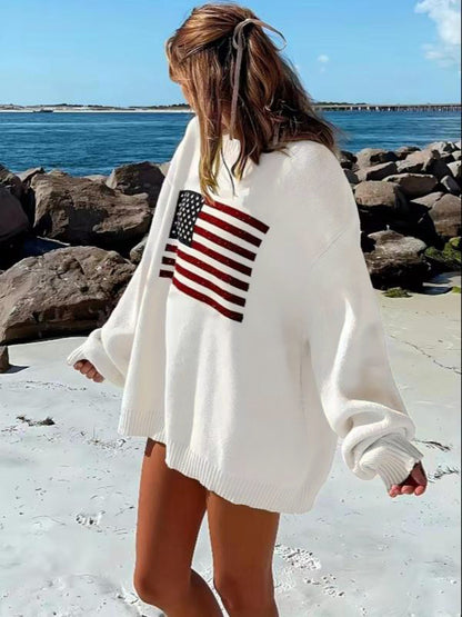 Oversized American Flag Crewneck Knit Sweater