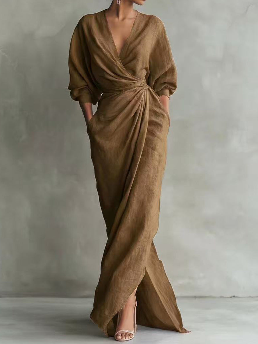 V-Neck Long Sleeve Tie Waist Slit Maxi Dress