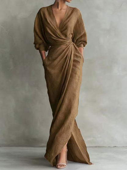 V-Neck Long Sleeve Tie Waist Slit Maxi Dress