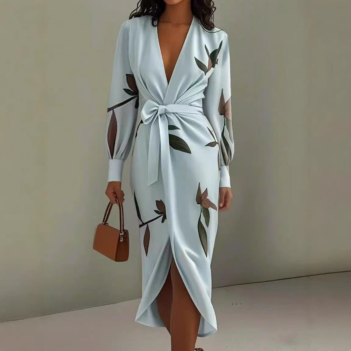Women's Satin Floral Tie Waist Long Sleeve Midi Dress