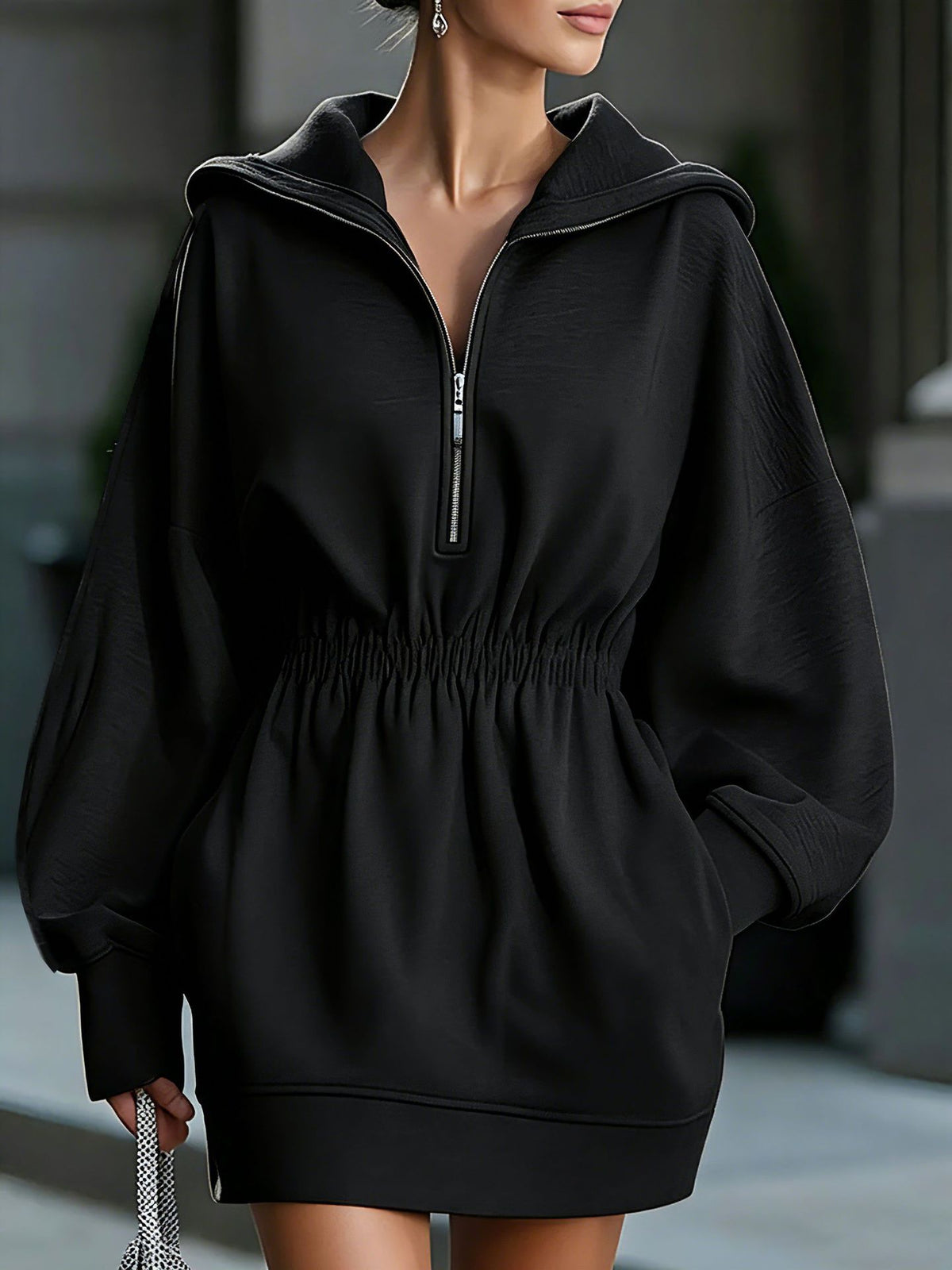 Women's Oversized Half Zip Hoodie Dress Cinched Waist Mini