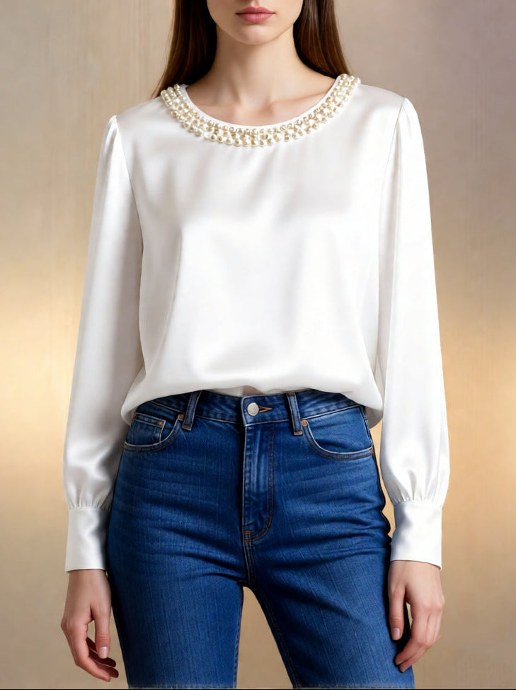 Women's Satin Pearl Neck Long Sleeve Blouse Top