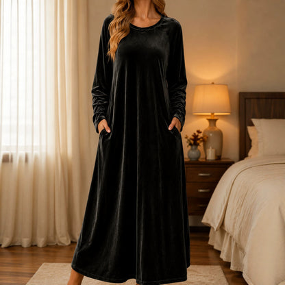 Women's Long Sleeve Velvet Maxi Dress A-Line with Pockets