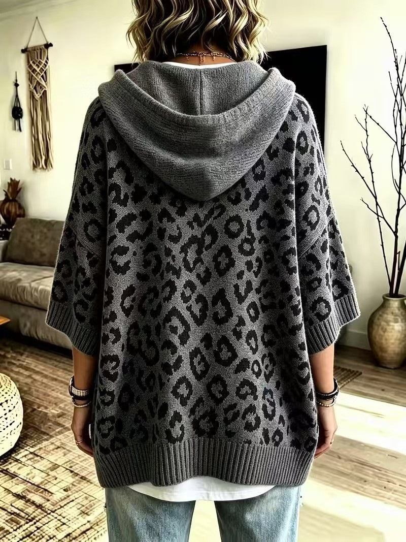 Women's Leopard Print Oversized Hooded Knit Sweater
