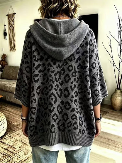 Women's Leopard Print Oversized Hooded Knit Sweater