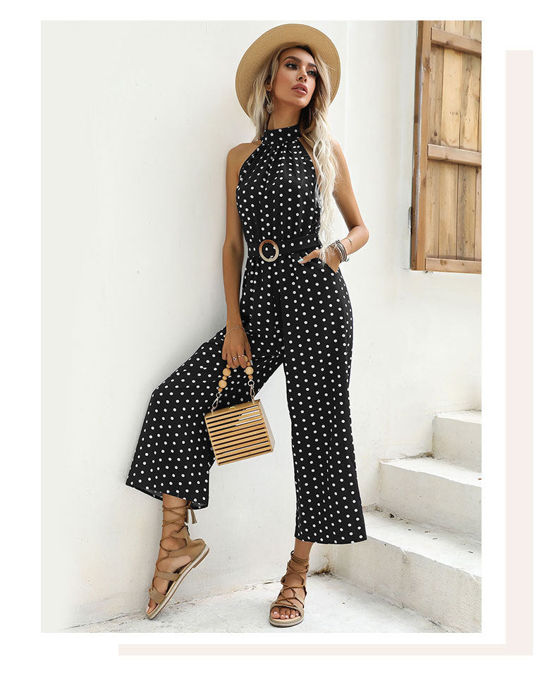Polka Dot Halter Wide Leg Jumpsuit Vintage Resort Wear