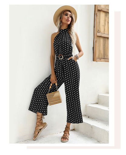Polka Dot Halter Wide Leg Jumpsuit Vintage Resort Wear