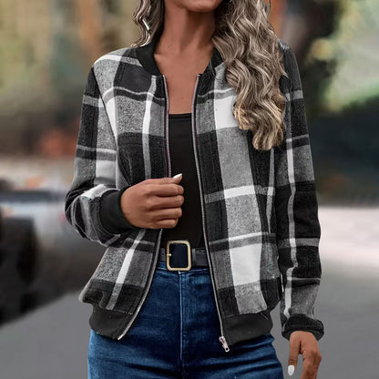 Women's Plaid Zip-Up Bomber Jacket Casual