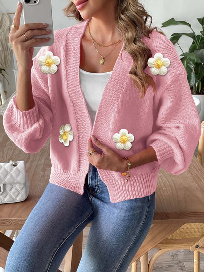 Floral Crochet Knit Cardigan Sweater with Balloon Sleeves