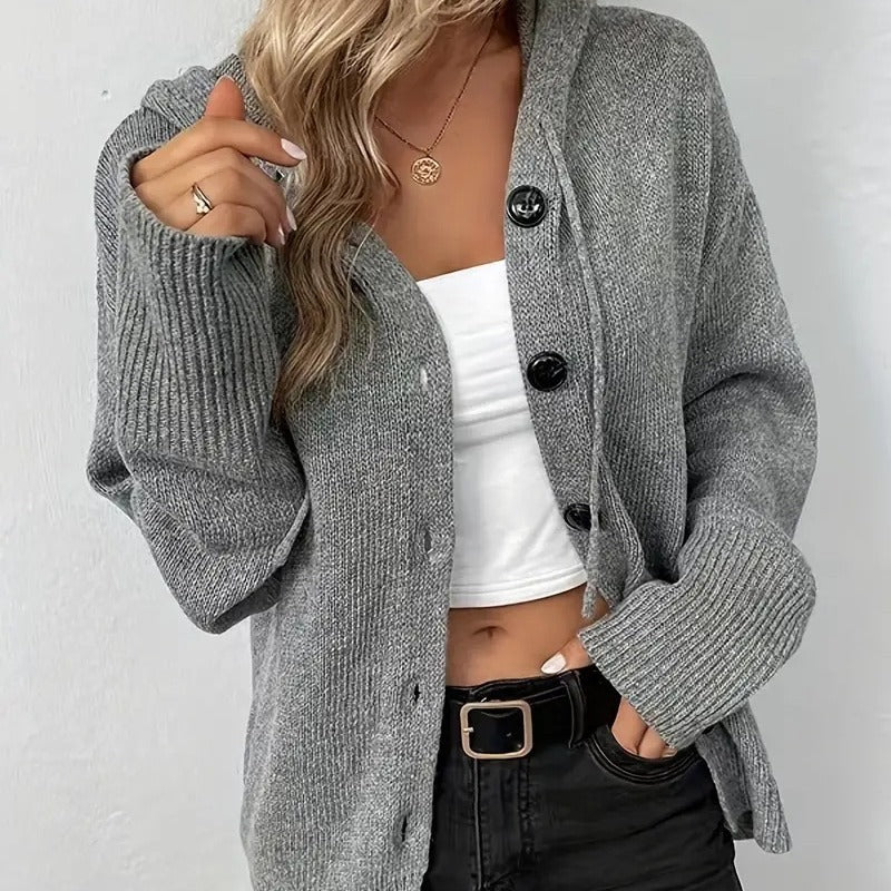 Hooded Button Front Knit Cardigan Relaxed Fit Sweater