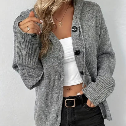Hooded Button Front Knit Cardigan Relaxed Fit Sweater